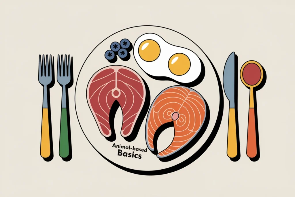 Plate with steak, eggs, salmon, dairy, and fruit shown in a clean, minimal 2D layout.