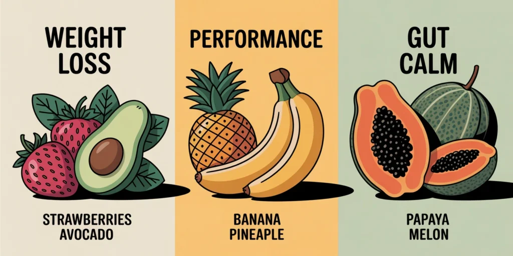 Three groups of fruit for different goals—strawberries and avocado for weight loss, banana and pineapple for performance, papaya and melon for gut calm.