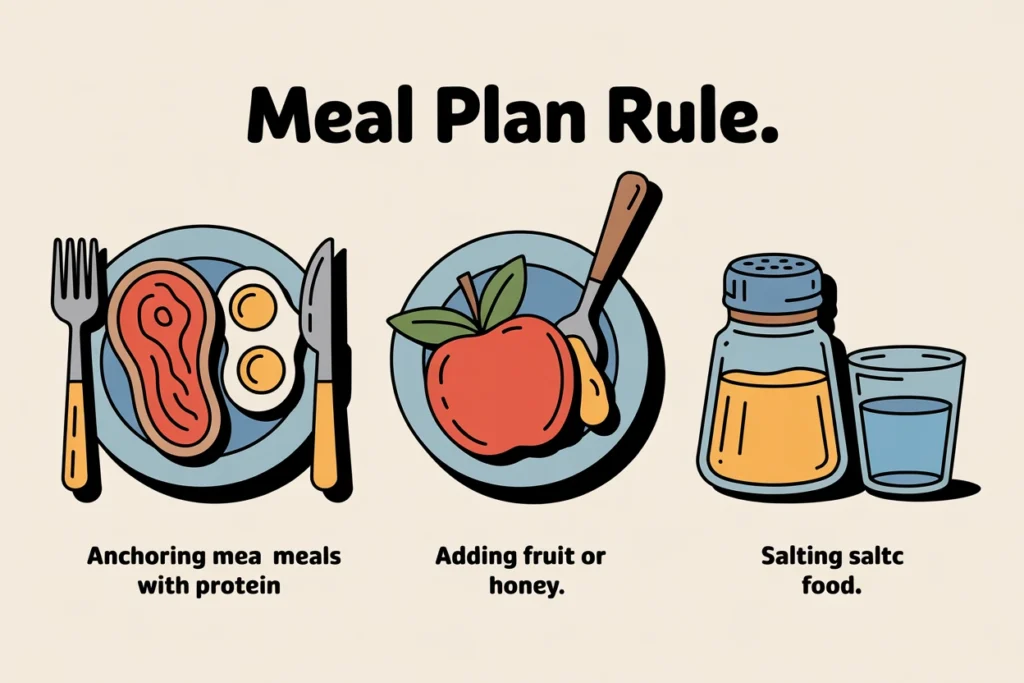 Protein plate, fruit portion, salt shaker, and water glass arranged in a simple 2D sequence.