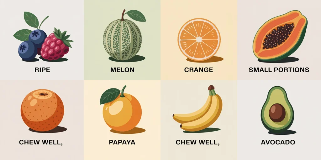 Simple layout showing healthy fruit choices like berries, melon, orange, papaya, banana, and avocado.
