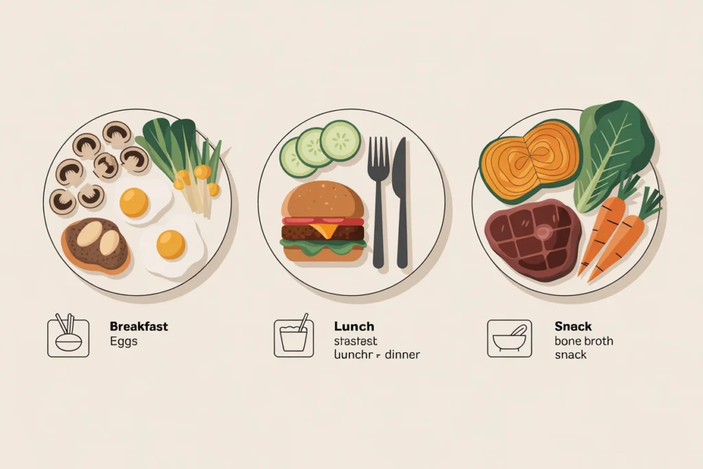 Daily meals with eggs, mushrooms, burger, cucumber, steak, squash, romaine, carrots