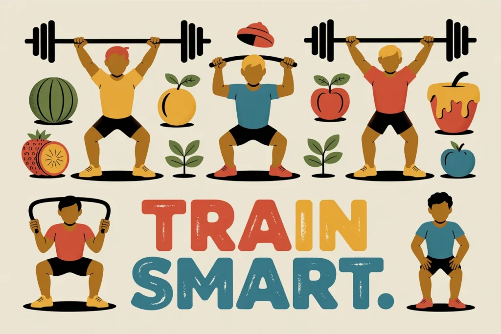 Silhouettes performing lifts with small fruit and honey icons showing workout fuel timing.