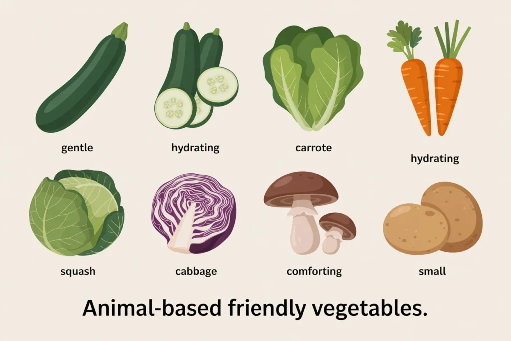 Illustrated grid of zucchini, cucumber, lettuce, carrots, squash, cabbage, mushrooms