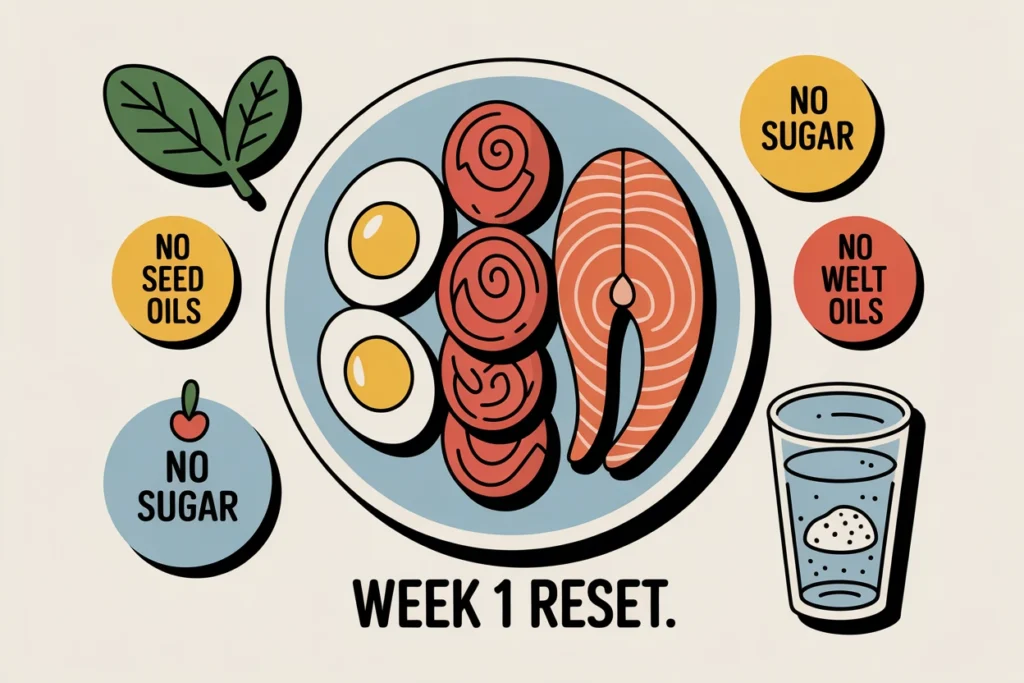 Balanced plate with eggs, beef, salmon, fruit, and icons showing no seed oils or sugar.