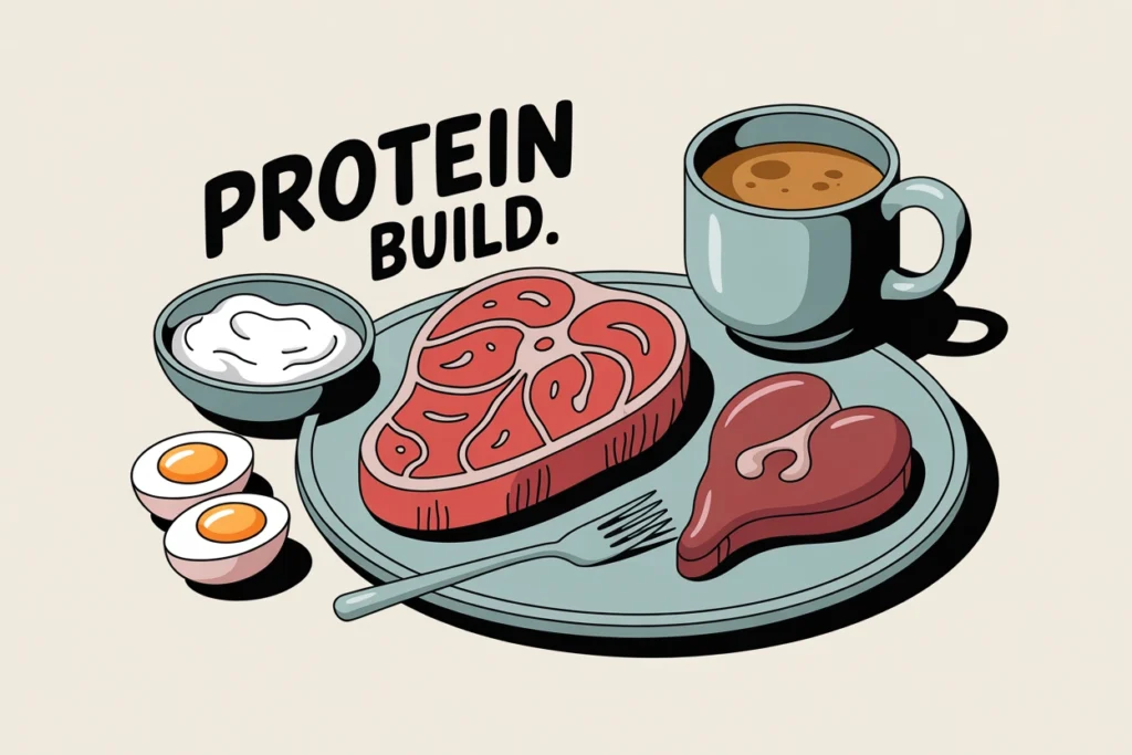 Steak, eggs, Greek yogurt, beef liver, and a bone broth mug arranged as a high-protein meal.