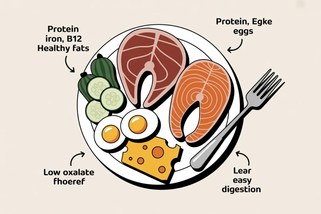 Steak and salmon with small side of zucchini and cucumber for balance