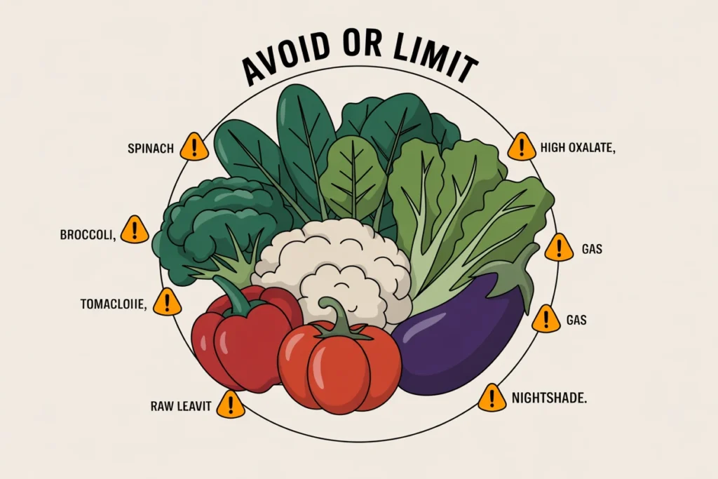 Spinach, kale, broccoli, tomatoes, peppers shown with caution symbols