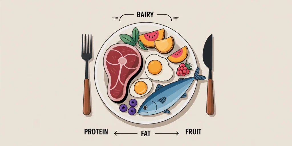 Balanced animal-based meal with steak, eggs, fish, dairy, and small portions of fruit on the side.