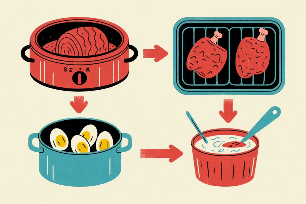 Four-step layout showing slow cooker roast, baked chicken, boiled eggs, and yogurt dip preparation.