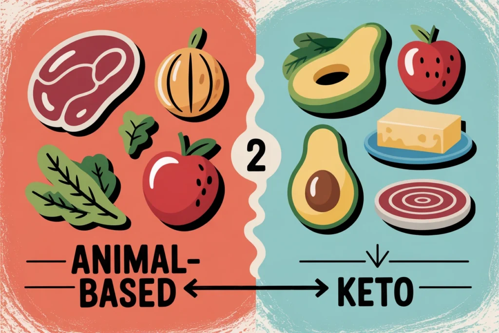 Split image comparing animal-based foods and keto foods with a divider and minimal directional arrows.