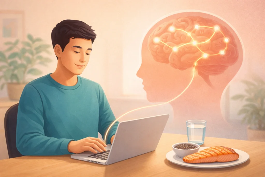 Person working calmly with salmon and seeds, showing omega-3 fats supporting brain function and focus