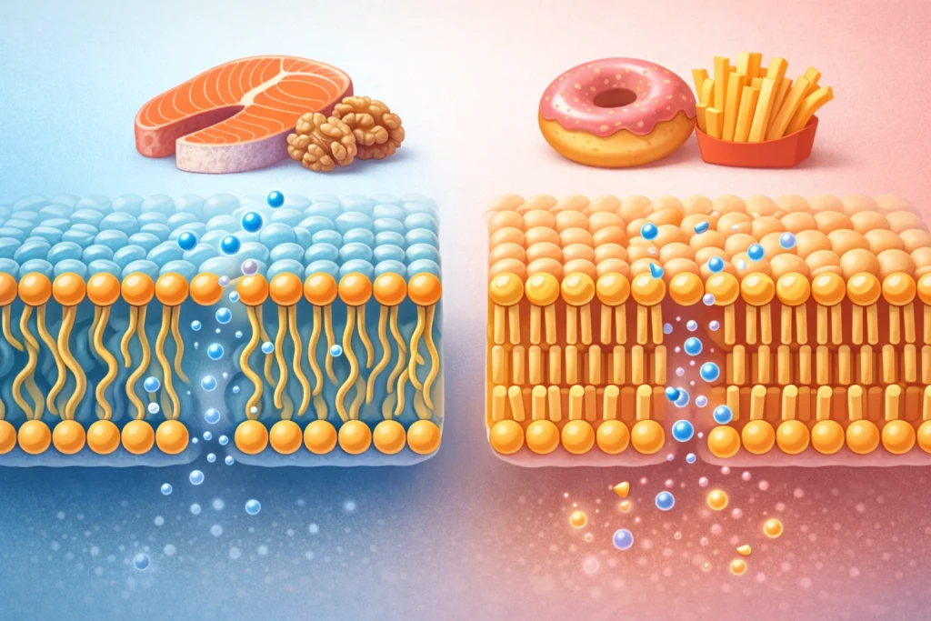Comparison of flexible and rigid cell membranes influenced by healthy fats versus processed foods
