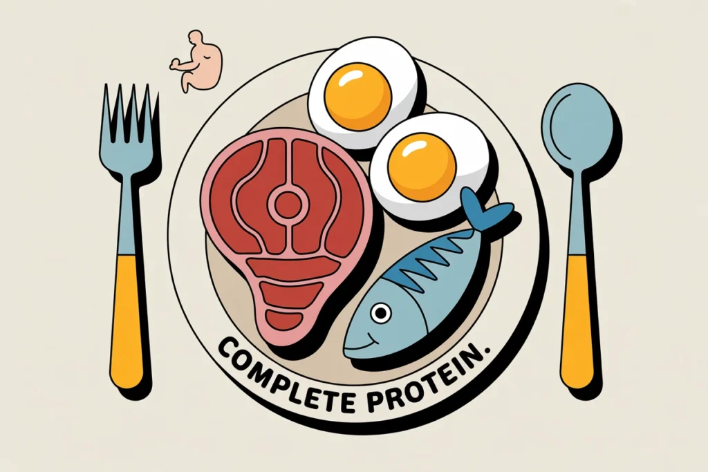 Plate with steak, eggs, and fish, plus simple muscle and fullness icons in a clean 2D layout.