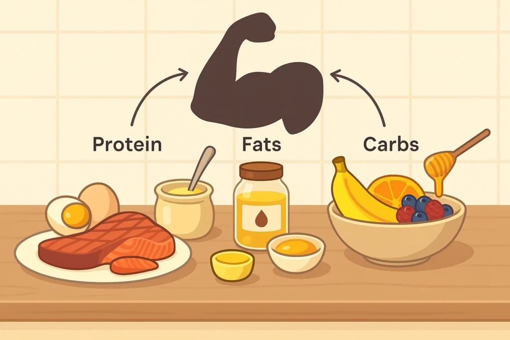 Kitchen counter shows protein, fats and carbs foods pointing toward a flexed arm silhouette behind.