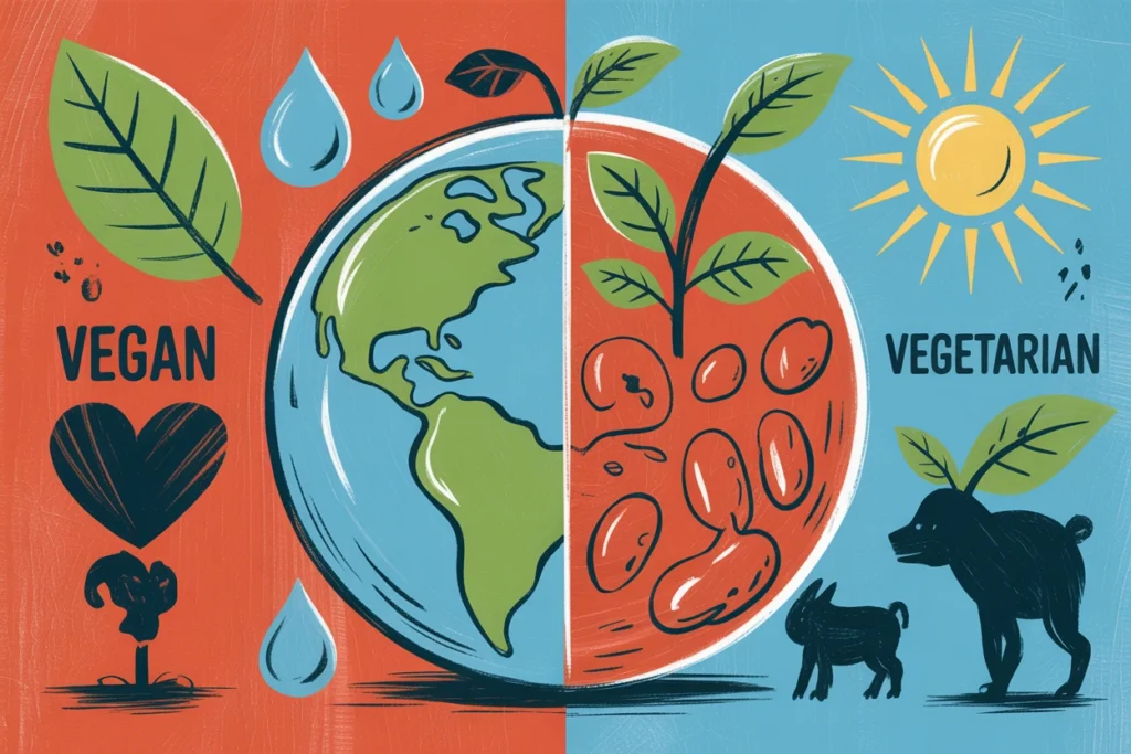 Split image contrasts vegan and vegetarian impacts with simple eco and animal-welfare icons.