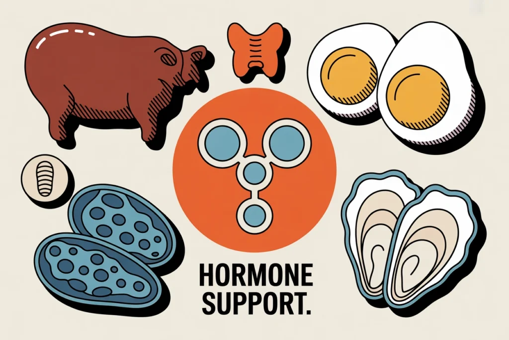 Beef, eggs, seafood, and oysters arranged around a clean hormone symbol with a small thyroid icon.