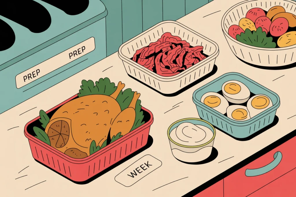 Meal-prep containers with roasted chicken, shredded beef, boiled eggs, and yogurt dip on a counter.