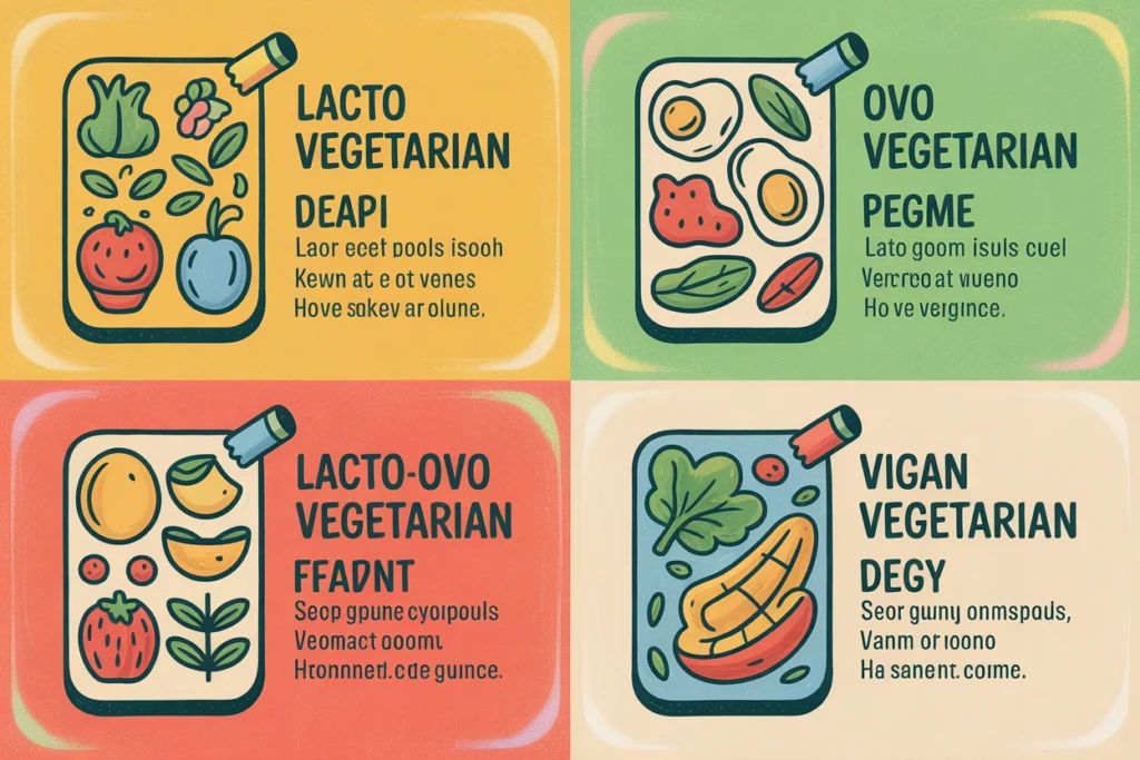 Four panels show lacto, ovo, lacto-ovo vegetarian and vegan diets using simple food icons.