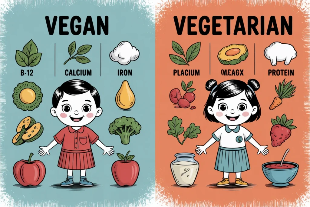 Two columns compare vegan and vegetarian nutrients using icons for protein, B12, calcium, iron.