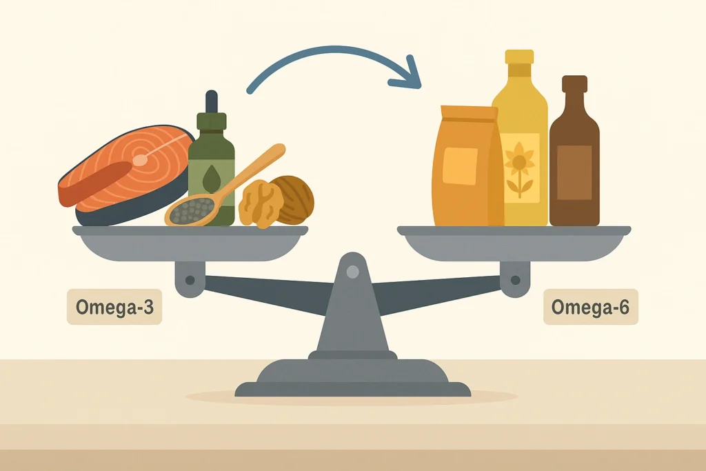 Kitchen scale comparing omega-3 foods and omega-6 oils, showing balance by adding more omega-3.