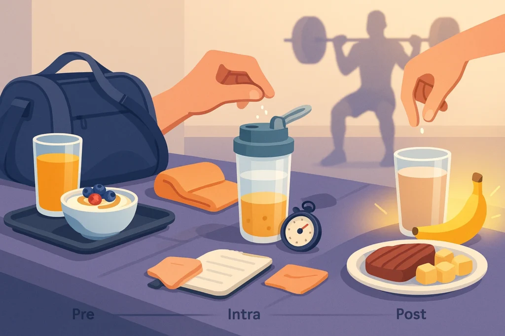 Gym bench scene shows pre, intra and post workout foods and drinks with a flow line across.