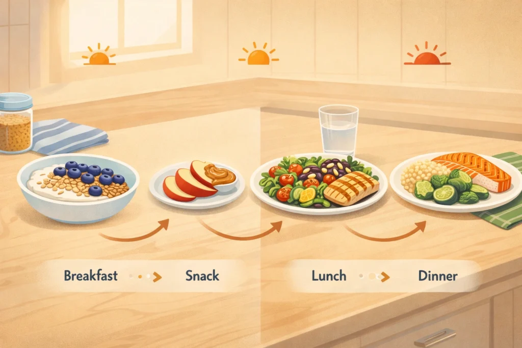 Four meals shown from morning to night on a kitchen counter, guiding a high-protein, high-fiber day.