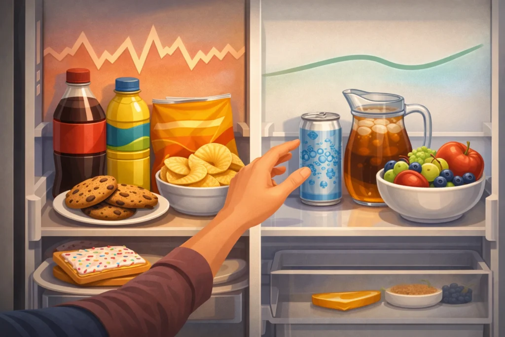 Open fridge scene showing processed snacks on one side and fruit and drinks on the healthier side.
