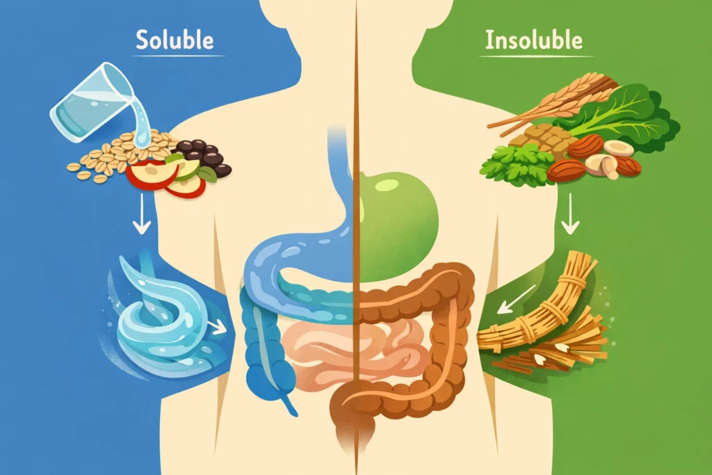 Illustration showing soluble and insoluble fiber foods and how each moves differently through digestion.