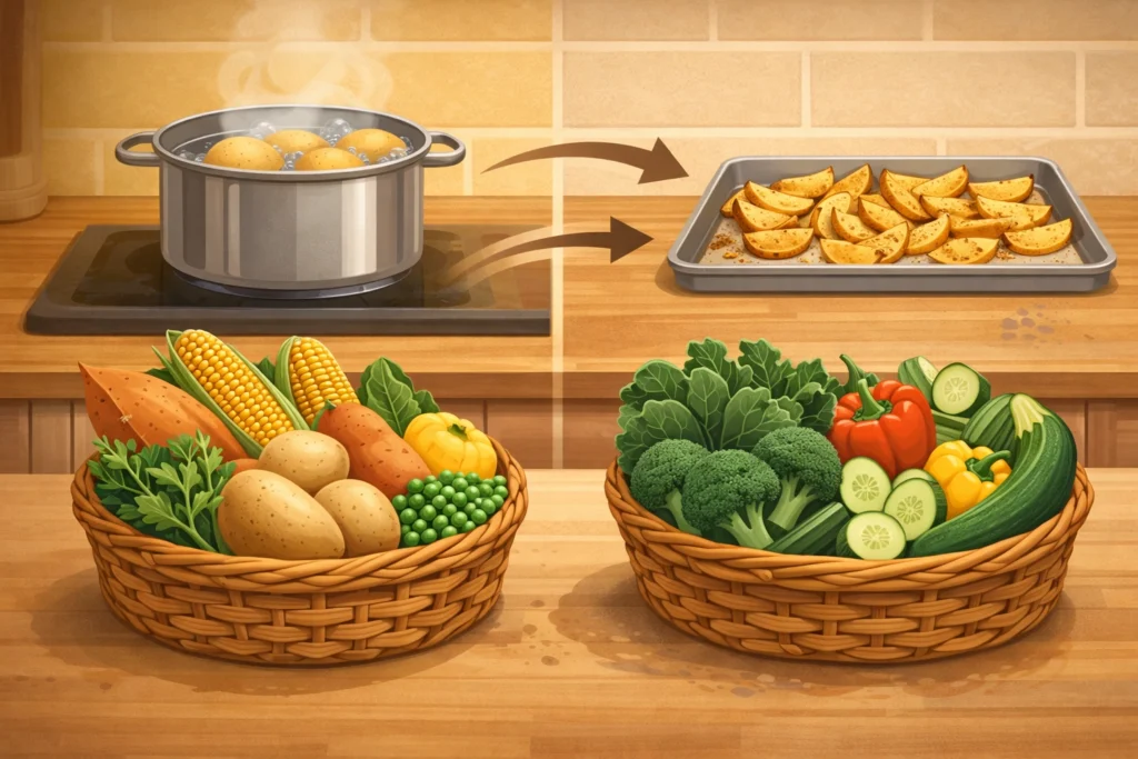 Baskets of starchy and non-starchy vegetables with boiling and roasted potatoes showing cooking stages.