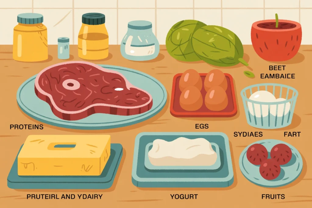 Organized kitchen counter with beef, eggs, dairy, fruits, and seasonings shown in simple 2D style.