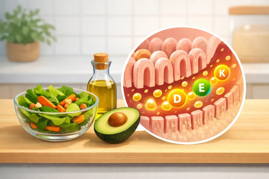 Salad with olive oil and avocado showing fats helping vitamins A, D, E, and K absorb in the intestine