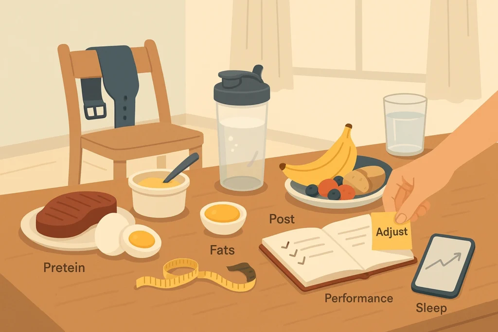 Sunday check-in scene with scale, tape, notebook, phone trend line, and “Adjust” sticky note.