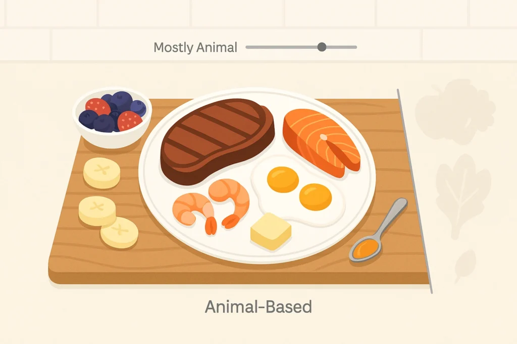 Cutting board holding steak, chicken, shrimp, eggs, and butter with faded produce silhouettes beside it.