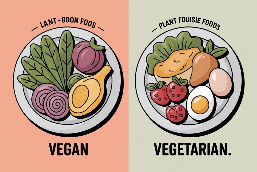 Two plates compare vegan plant foods with vegetarian foods that include dairy and eggs.