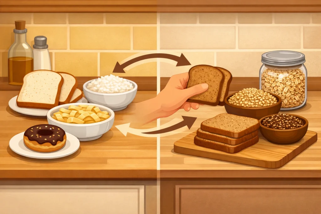 Kitchen counter split showing refined grains swapped for whole grains by a hand moving food choices.