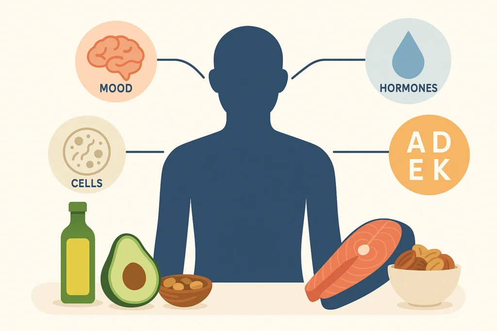Human silhouette with icons for brain, hormones, cells, and vitamins, surrounded by healthy fat foods.