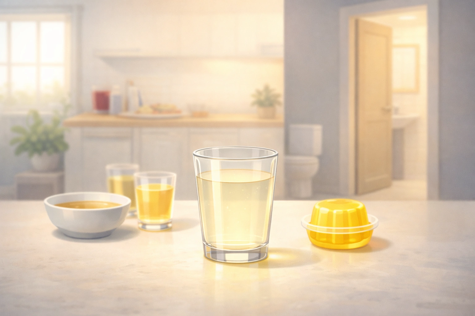 Clear liquids on a kitchen counter with a softly lit glass in focus, blending into a calm bathroom background scene.