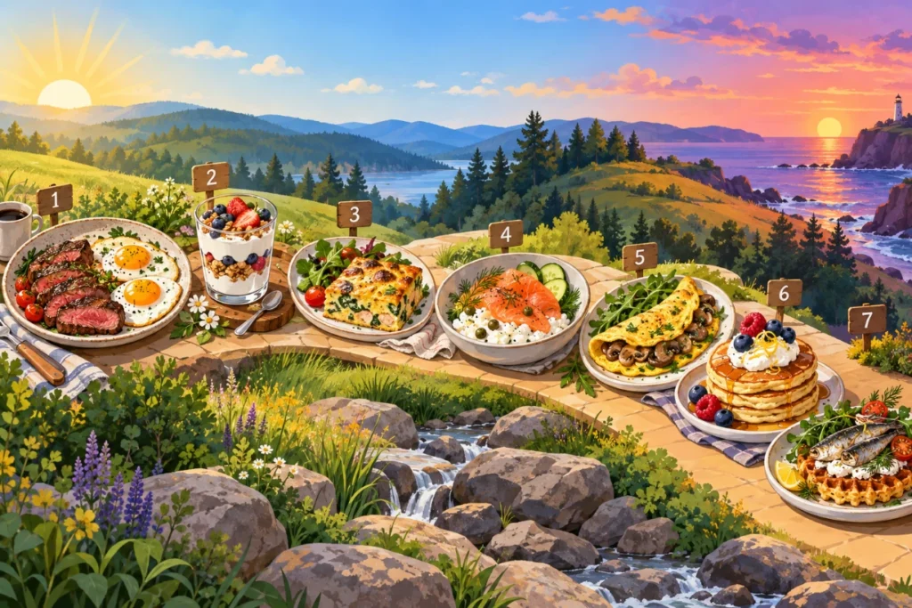 Seven animal-based breakfasts with steak, yogurt, egg bake, salmon, omelet, pancakes and chaffles.
