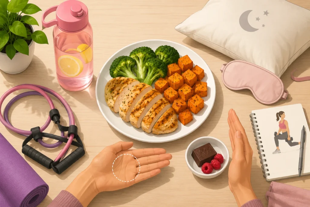 Balanced meal with water, exercise bands, sleep, portion control, and a small treat.