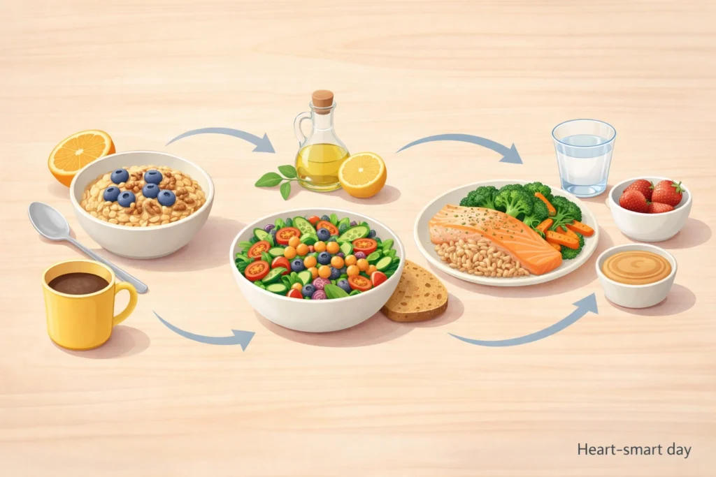 Kitchen table scene with oatmeal breakfast, salad lunch, salmon dinner, and a simple healthy snack.