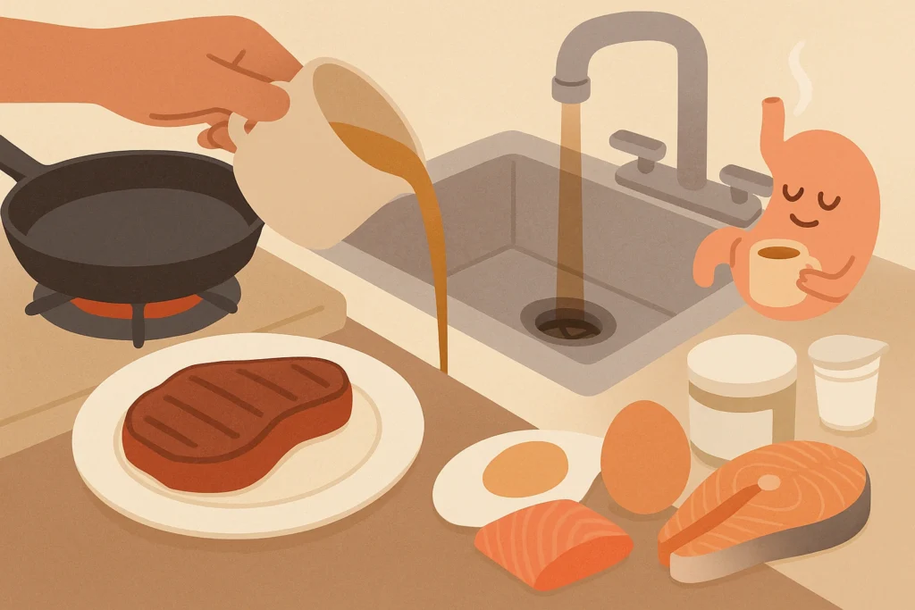 Stovetop scene: steak plated, grease poured into sink, egg, salmon, yogurt, happy stomach with broth.