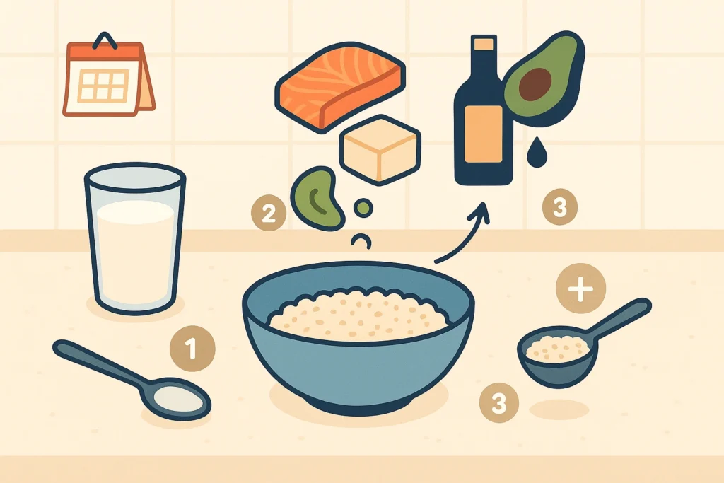Layered bowl build: rice base, salmon/tofu, avocado oil, milk nearby, plus extra scoop and calendar.