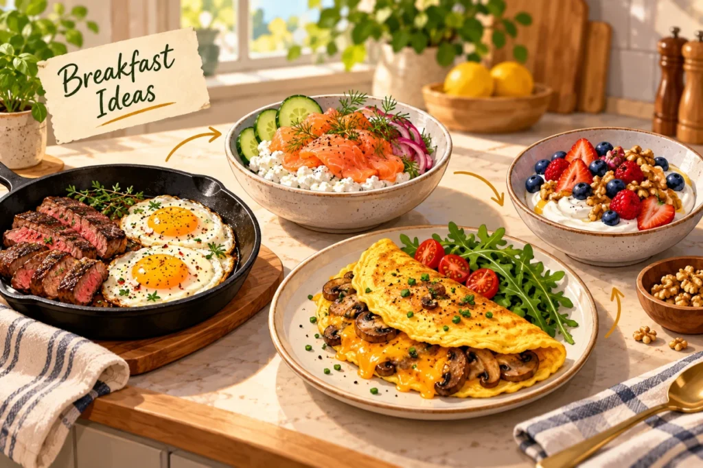 Animal-based breakfast ideas with steak and eggs, salmon cottage cheese, omelet, yogurt and berries.