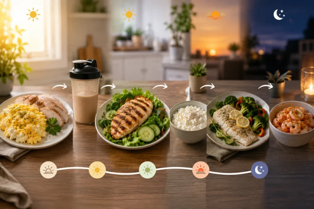 Full day of low-carb high-protein meals from breakfast to dinner arranged across kitchen table.
