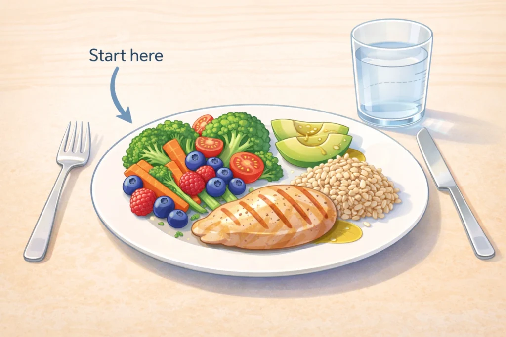 Dinner plate with vegetables, lean protein, whole grains, healthy fats, and mindful water intake.