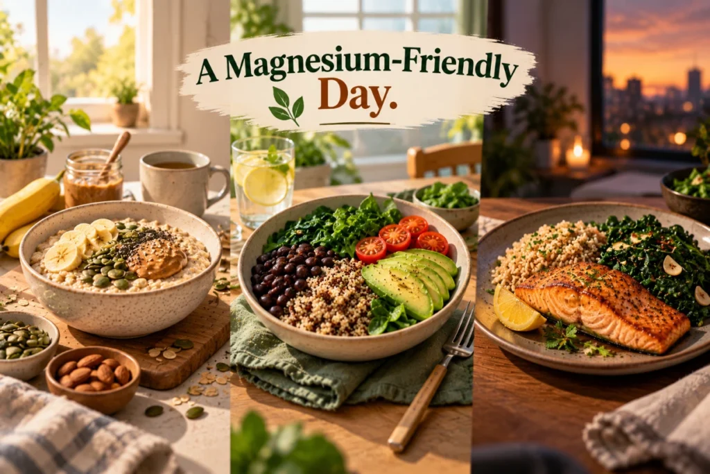 Magnesium-friendly daily meals with oatmeal for breakfast, quinoa bowl for lunch and salmon for dinner.
