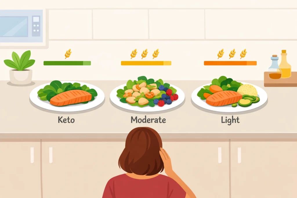 Woman compares three dinner plates showing keto, moderate, and light low-carb meals on a kitchen counter.