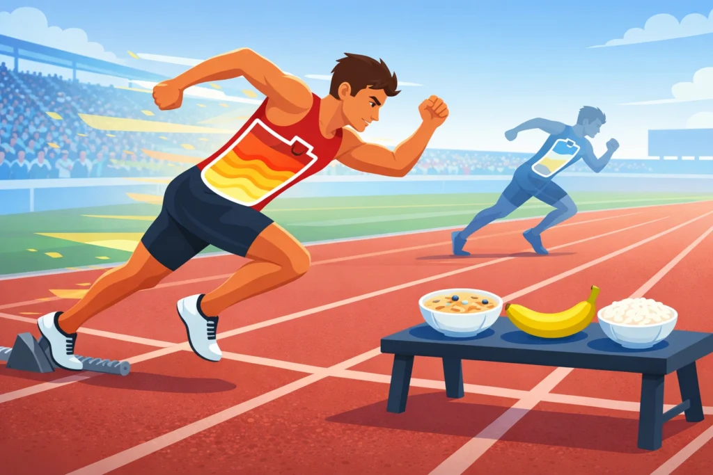 Sprinter launching from blocks with full energy, carb foods nearby, and a fading runner behind.