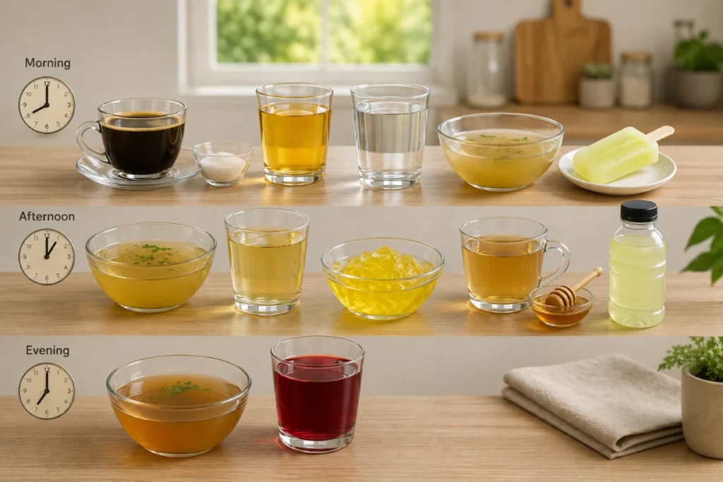 One-day menu: Clear liquid diet options arranged from morning through afternoon to evening.