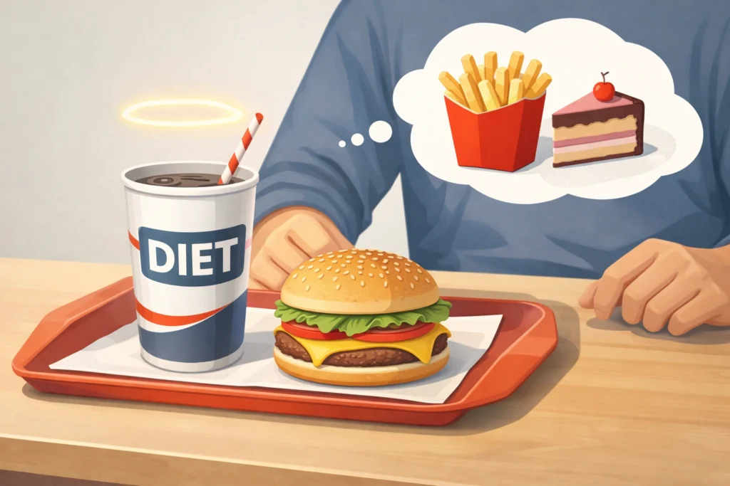 Diet soda and burger on a tray as hands hover nearby, with fries and cake shown in a thought bubble.